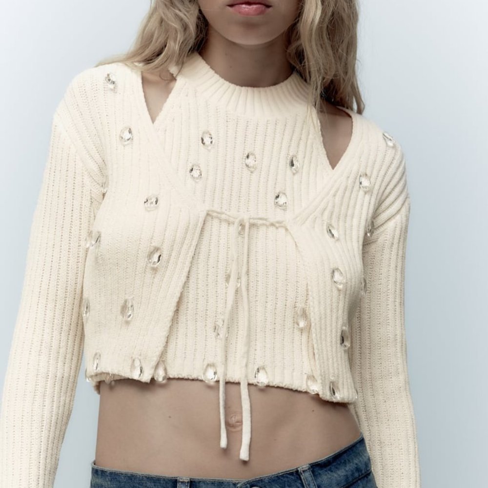 NWT CHENILLE CREAM ECRU BEIGE CRYSTAL CROPPED CARDIGAN